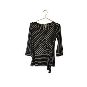 NY Collection Black & White Striped Wrap Top 3/4 Sleeves Size PS